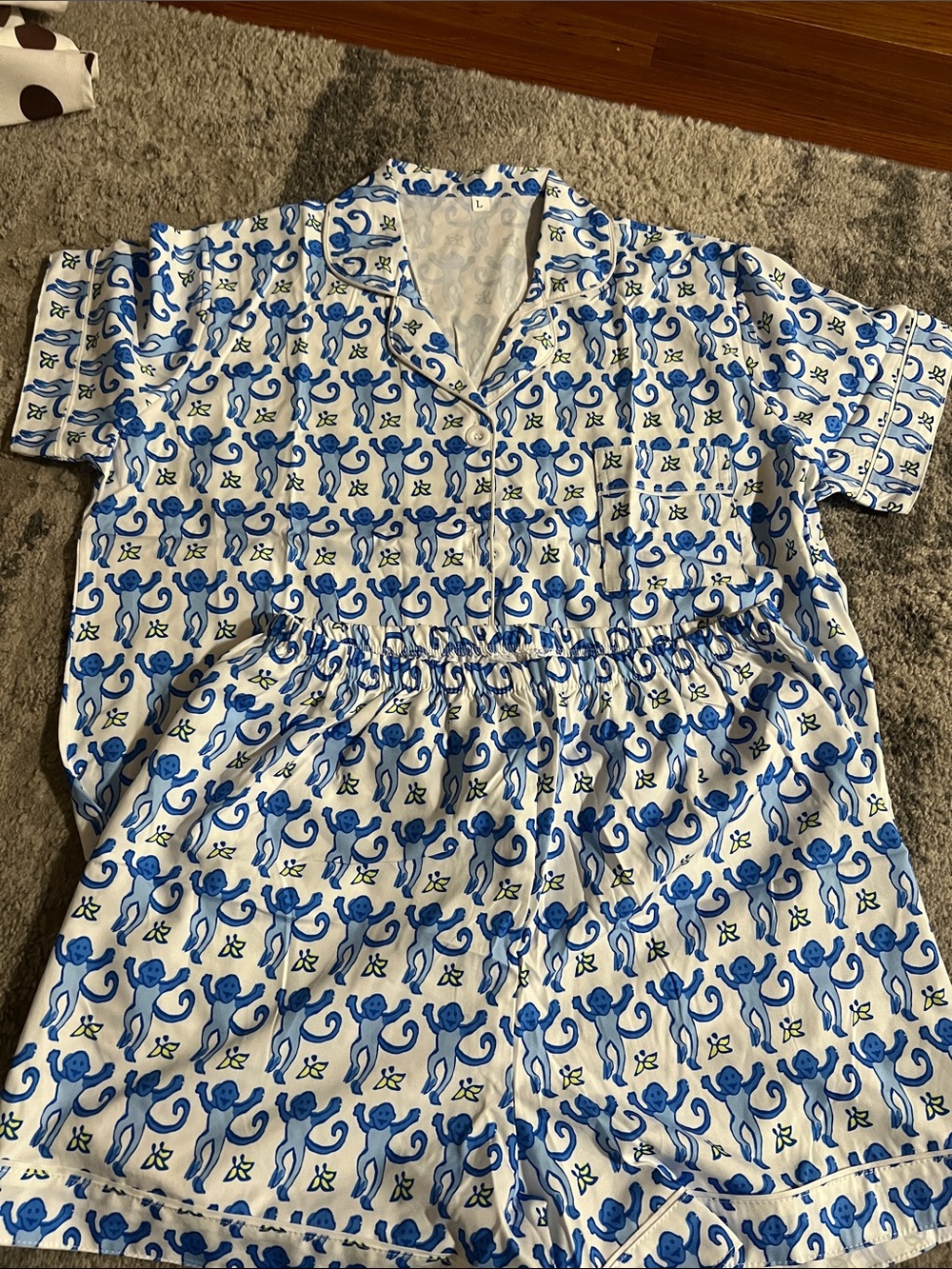 Blue Monkey Print Women's Short-Sleeve Pajama Top